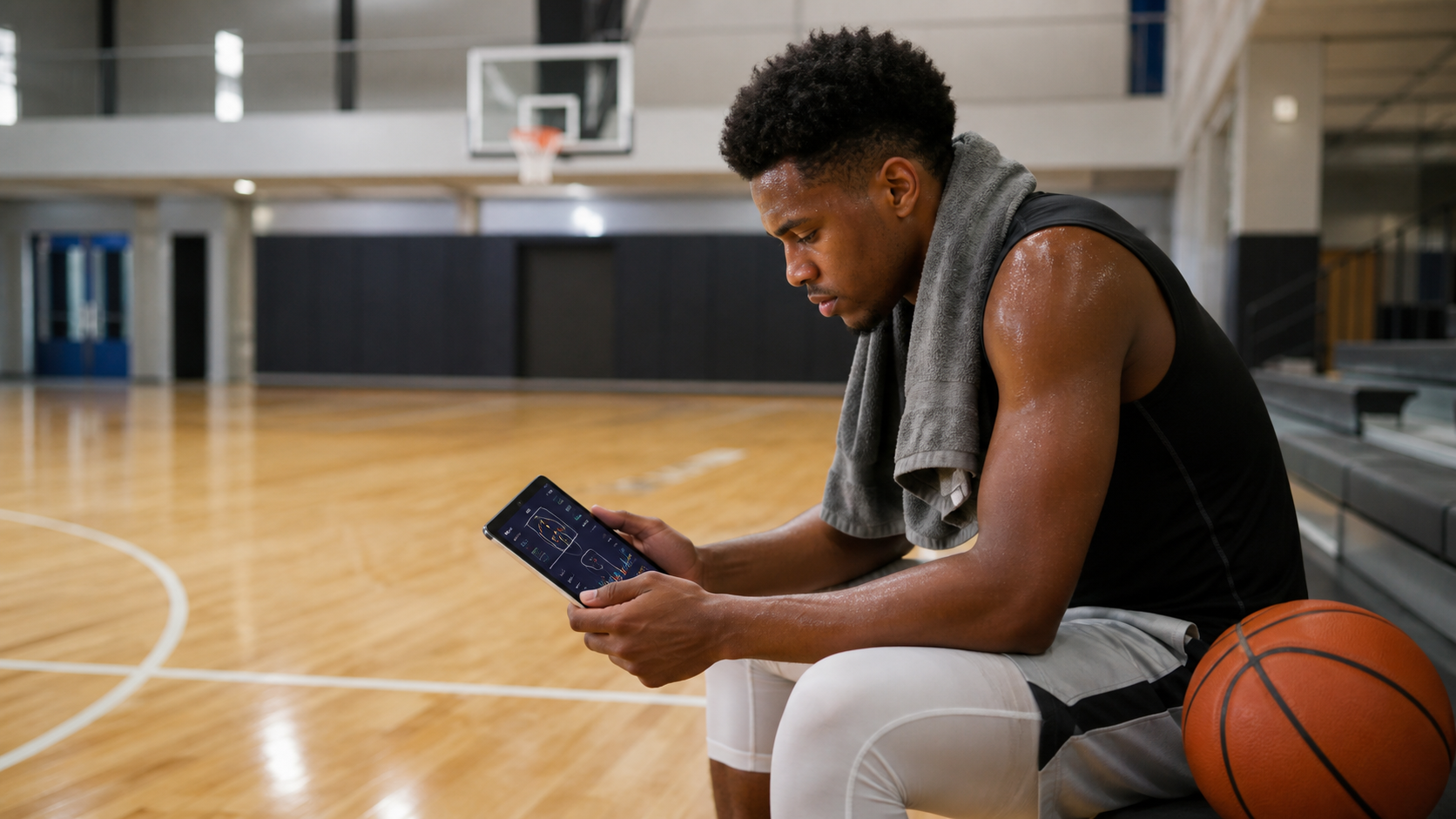 Basketball player reviewing AI-assisted training information beside an indoor court