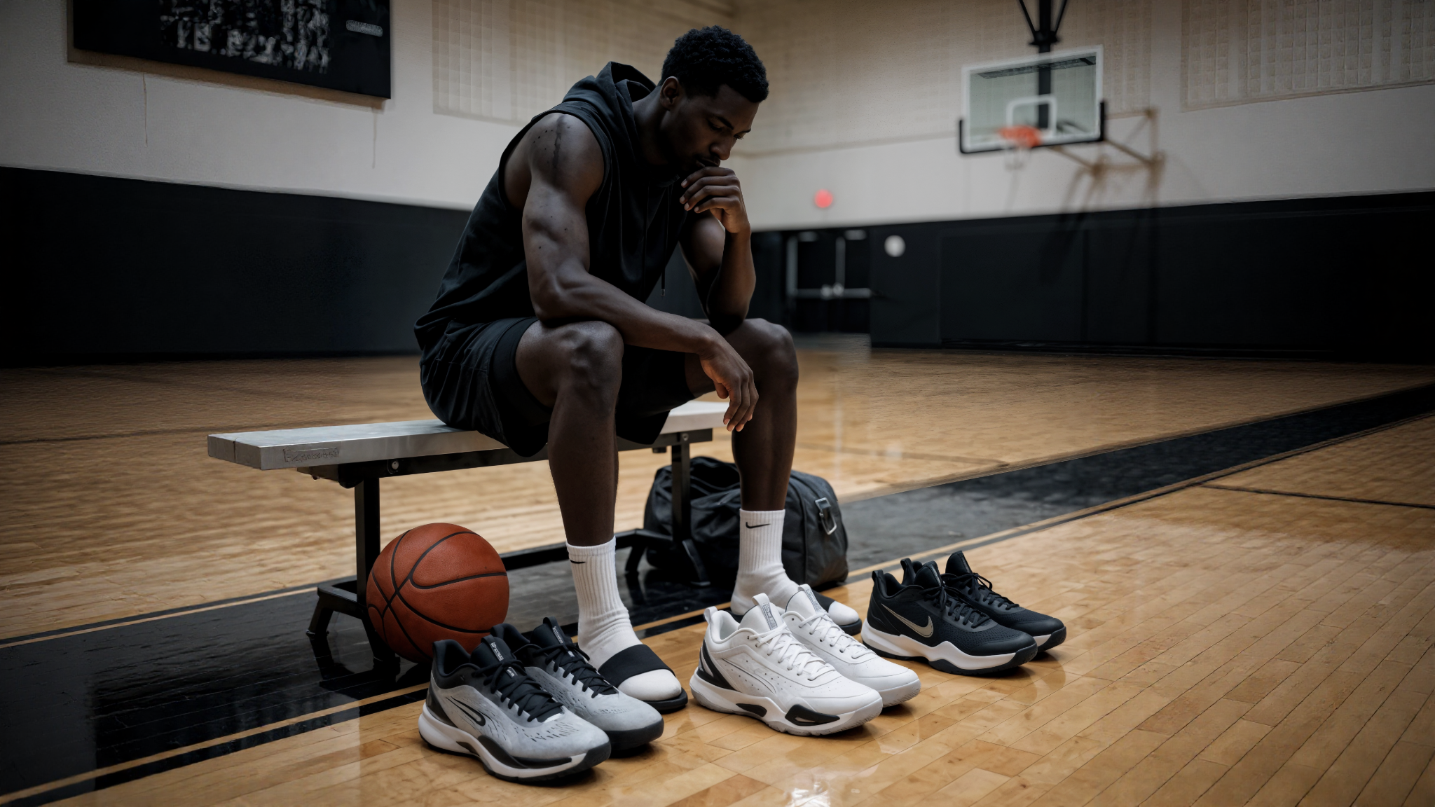 Basketball player preparing his shoes before training
