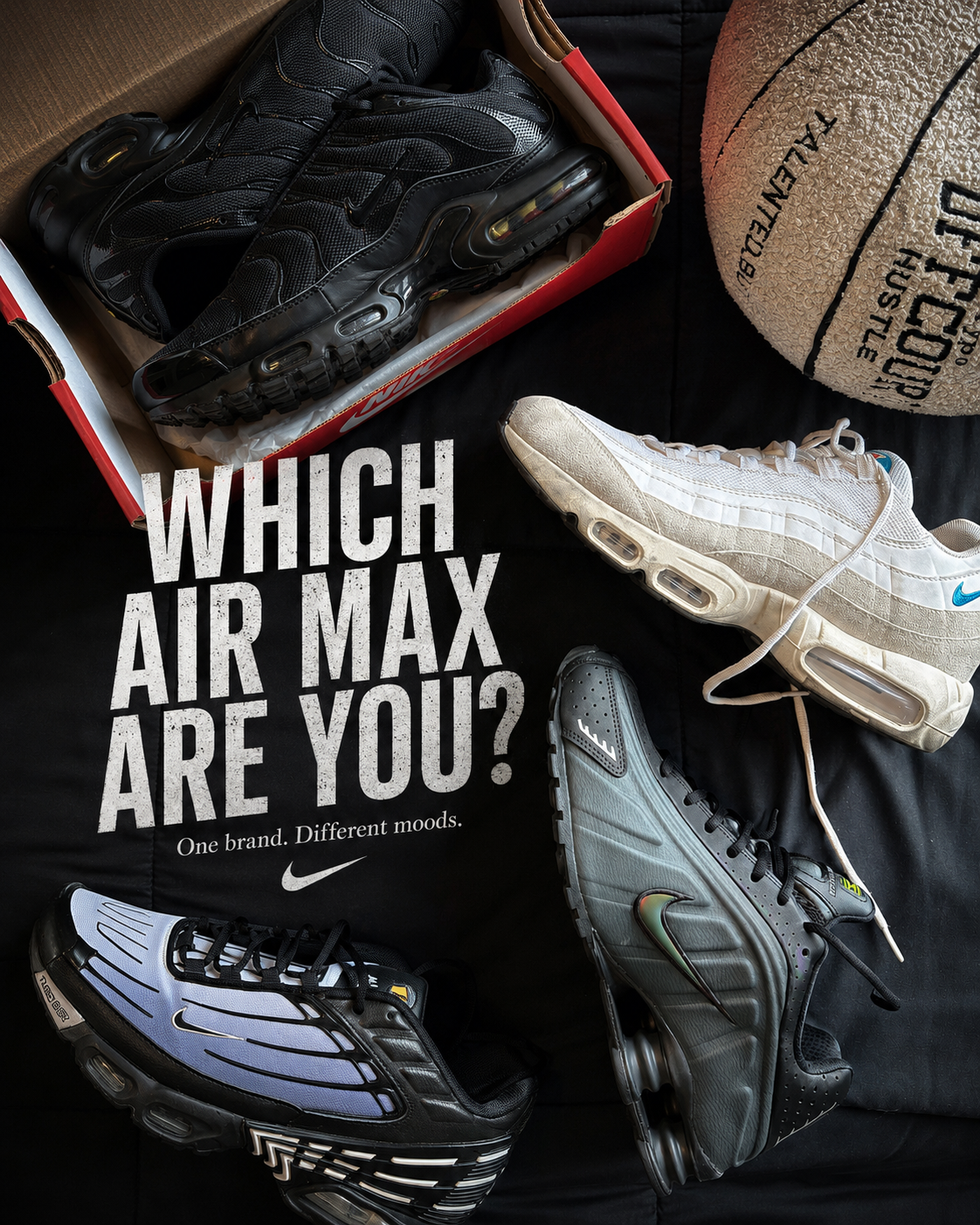 Nike Air Max sneakers arranged around a Which Air Max Are You shirt and basketball