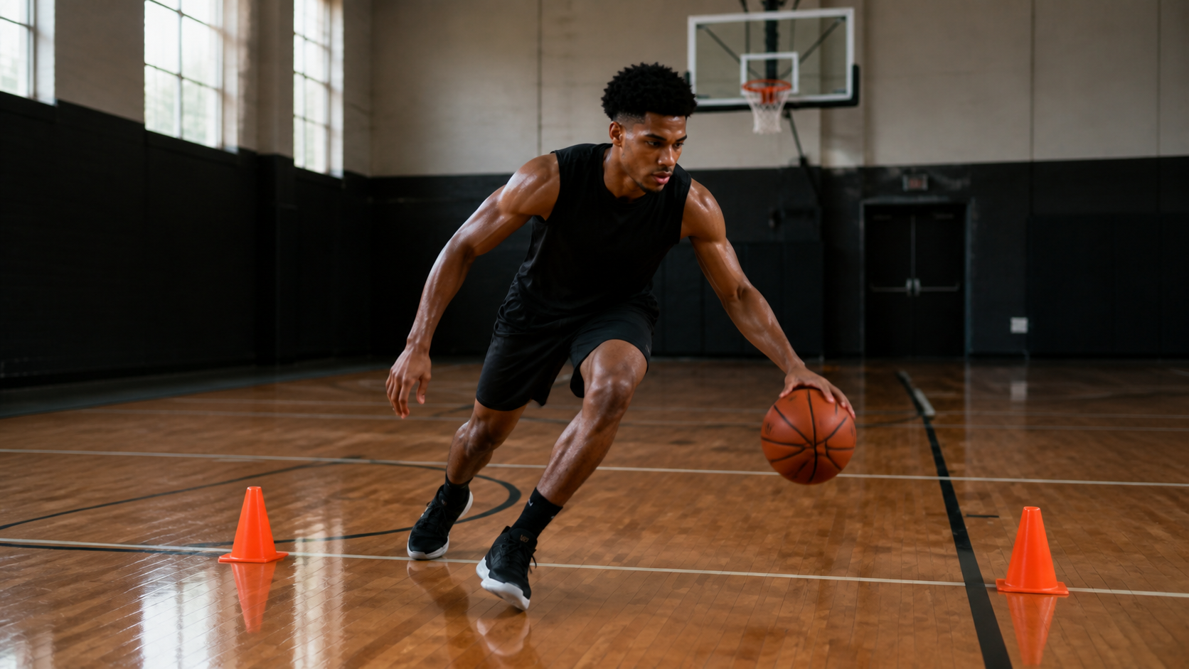 Basketball player accelerating off the dribble during an individual training session
